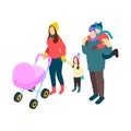 Vector isometric caucasian family with two children and a stroller in winter clothing outdoor Royalty Free Stock Photo